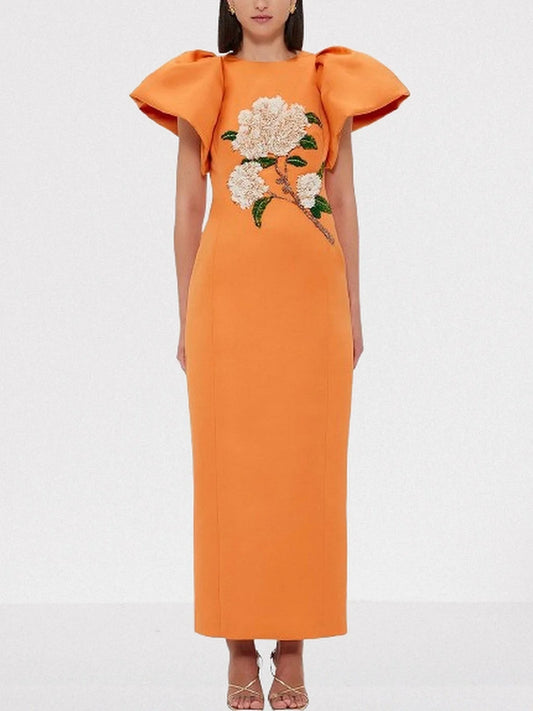 Embellished Puff-Sleeve Maxi Dress - S / Orange - Dresses