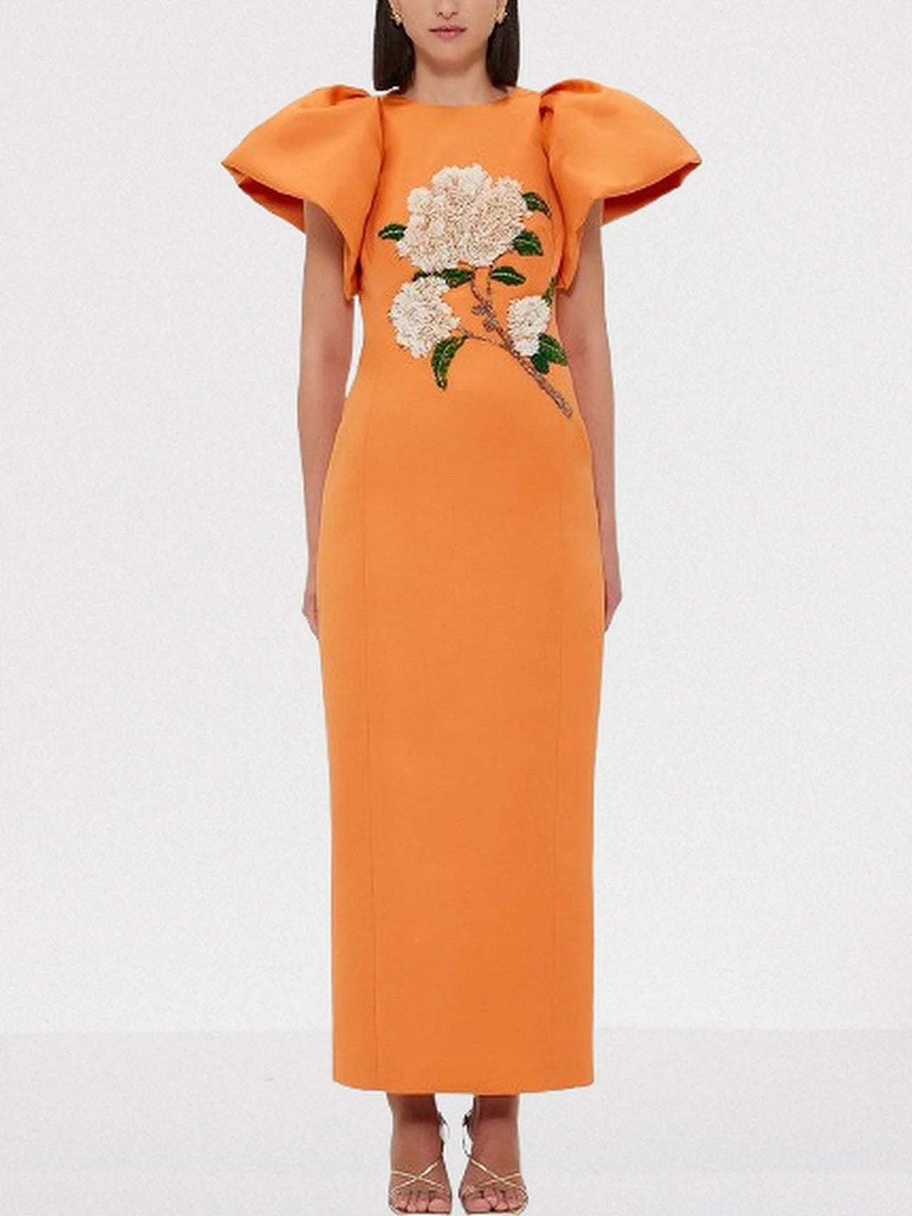 Embellished Puff-Sleeve Maxi Dress - M / Orange - Dresses