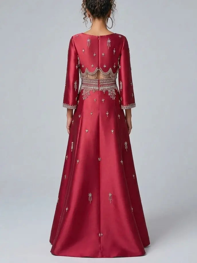 Embellished Satin Long Sleeve Top and A-Line Skirt Set - Suits & Sets