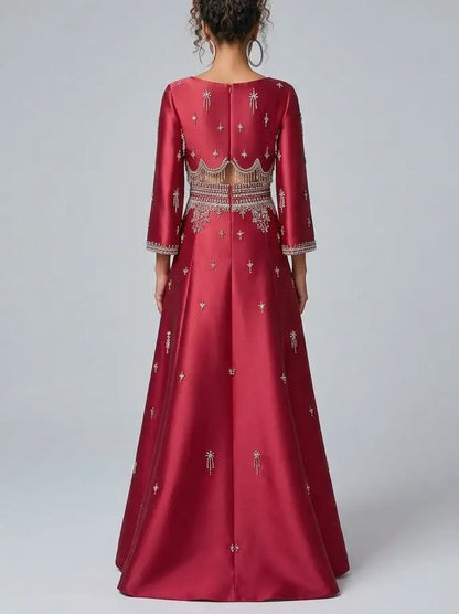 Embellished Satin Long Sleeve Top and A-Line Skirt Set - Suits & Sets