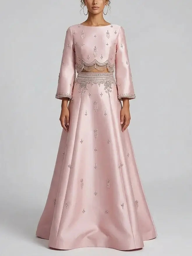 Embellished Satin Long Sleeve Top and A-Line Skirt Set - S / Light Pink - Suits & Sets