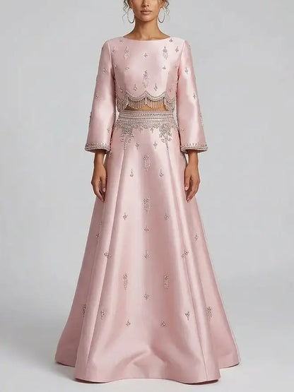 Embellished Satin Long Sleeve Top and A-Line Skirt Set - S / Light Pink - Suits & Sets