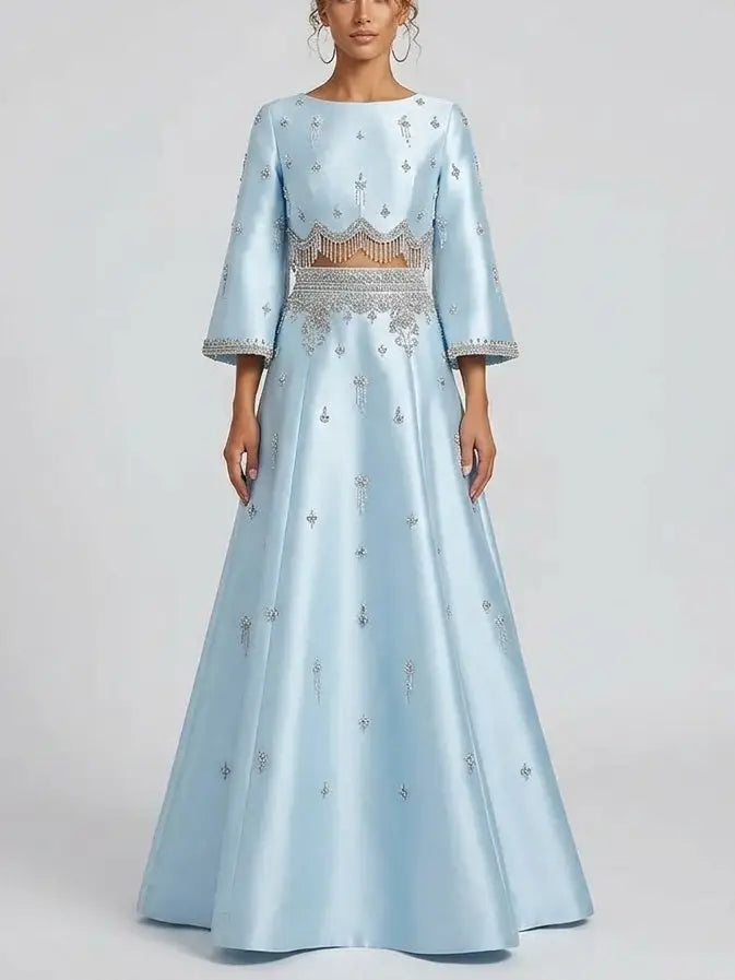 Embellished Satin Long Sleeve Top and A-Line Skirt Set - S / Light Blue - Suits & Sets