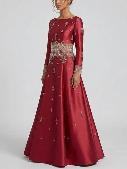 Embellished Satin Long Sleeve Top and A-Line Skirt Set - Suits & Sets