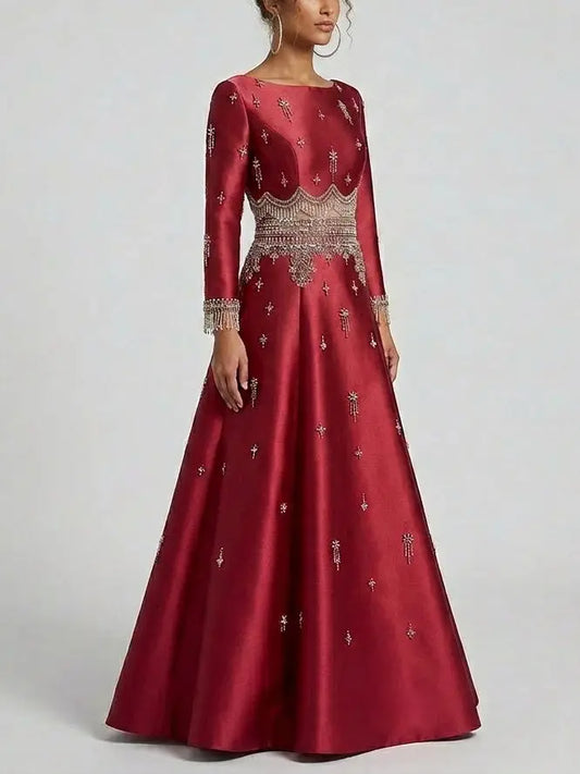 Embellished Satin Long Sleeve Top and A-Line Skirt Set - Suits & Sets