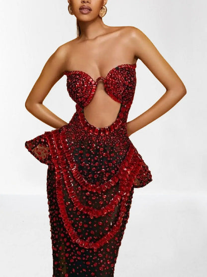 Embellished Semi-Sheer Cut-Out Gown - Dresses