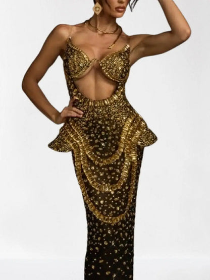 Embellished Semi-Sheer Cut-Out Gown - Dresses