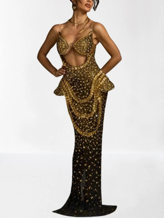 Embellished Semi-Sheer Cut-Out Gown - XS / Black & Gold - Dresses