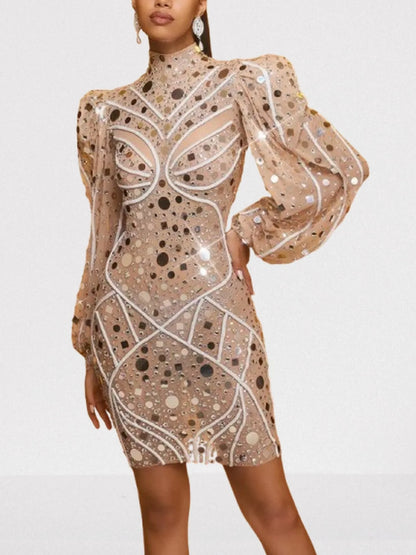 Embellished Short Dress with Long Puff-Sleeves - Dresses
