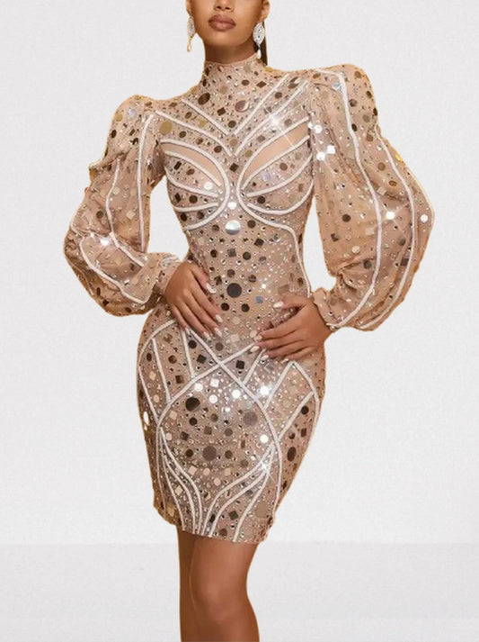 Embellished Short Dress with Long Puff-Sleeves - S - Dresses