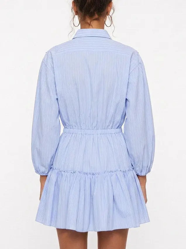Embellished Shoulder Blue Pinstripe Shirt Dress - Dresses