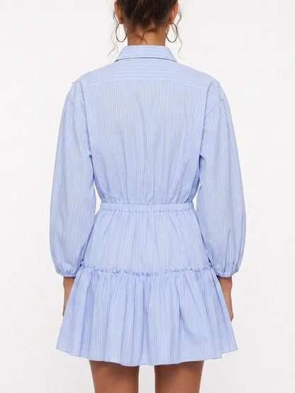 Embellished Shoulder Blue Pinstripe Shirt Dress - Dresses