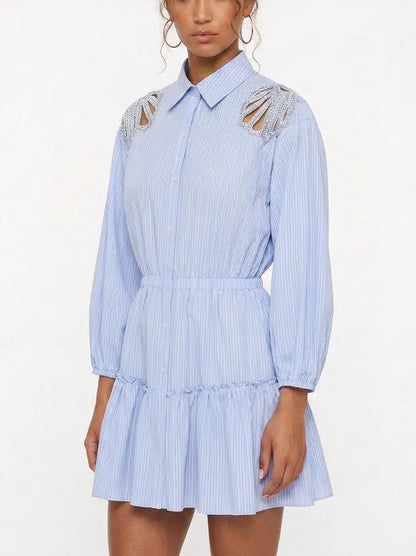 Embellished Shoulder Blue Pinstripe Shirt Dress - Dresses