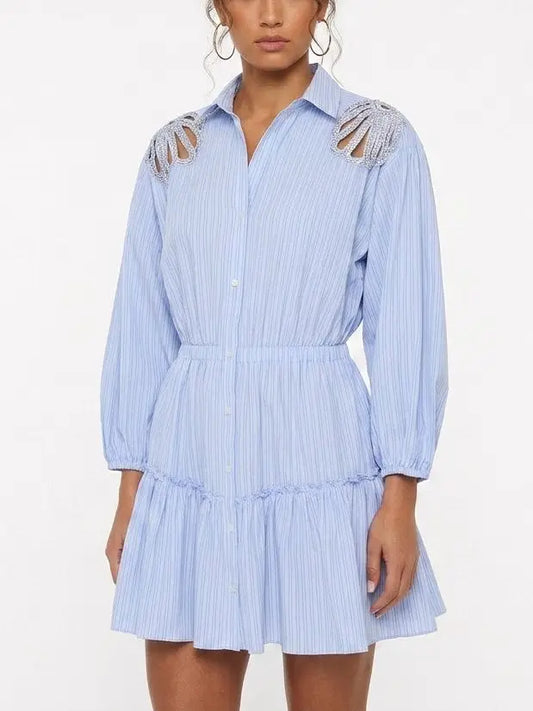 Embellished Shoulder Blue Pinstripe Shirt Dress - Dresses