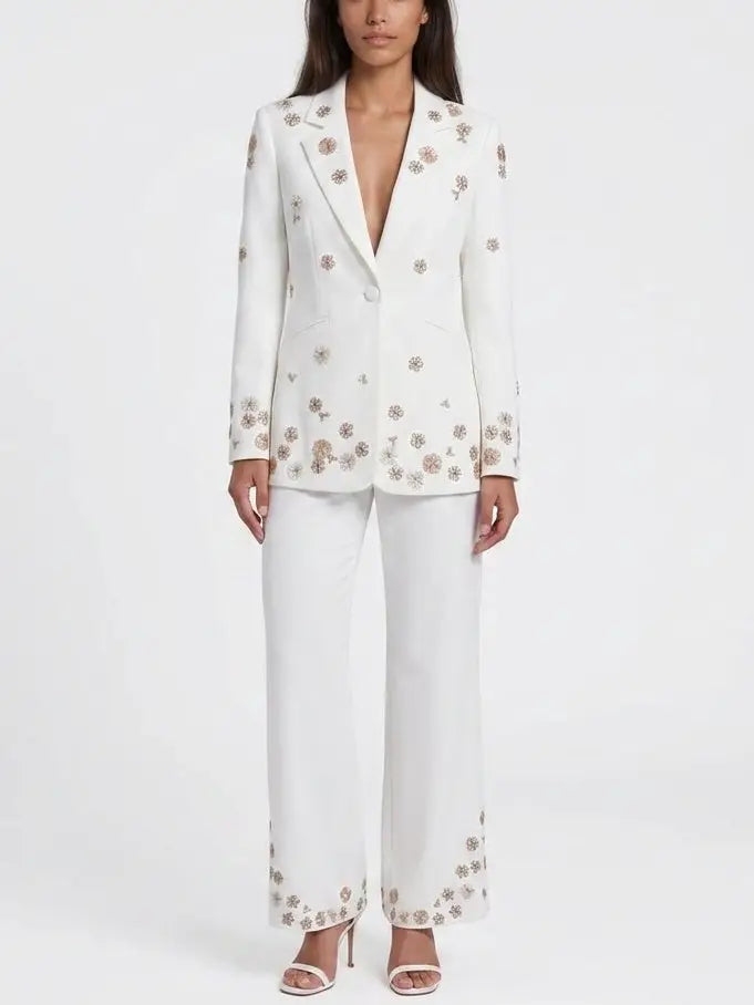 Embellished Single-Breasted Blazer and Pant Suit - S / White - Suits & Sets