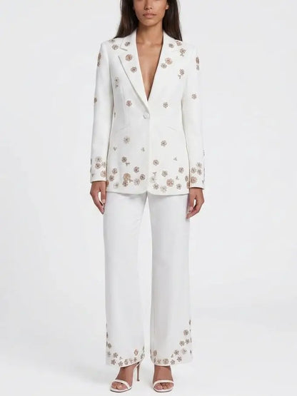 Embellished Single-Breasted Blazer and Pant Suit - S / White - Suits & Sets
