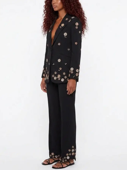 Embellished Single-Breasted Blazer and Pant Suit - Suits & Sets