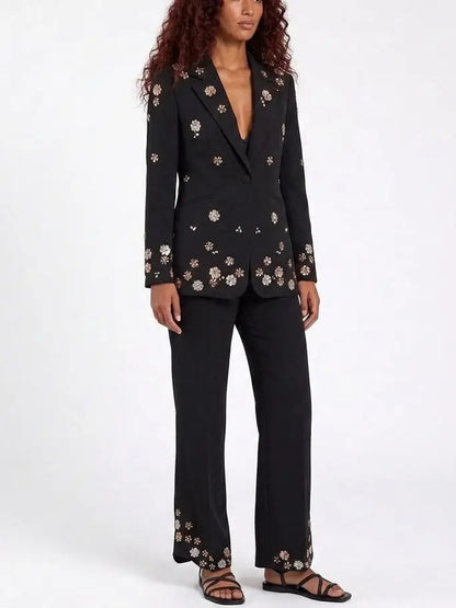 Embellished Single-Breasted Blazer and Pant Suit - Suits & Sets