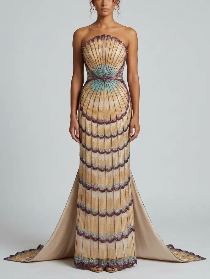 Embellished Strapless Shell Gown with Train - Dresses