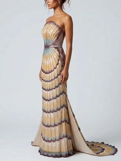 Embellished Strapless Shell Gown with Train - Dresses