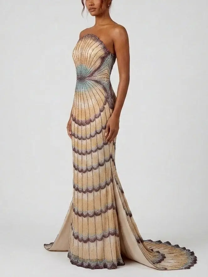 Embellished Strapless Shell Gown with Train - Dresses