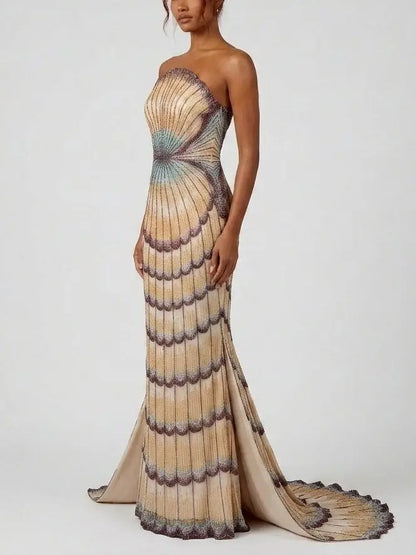 Embellished Strapless Shell Gown with Train - Dresses