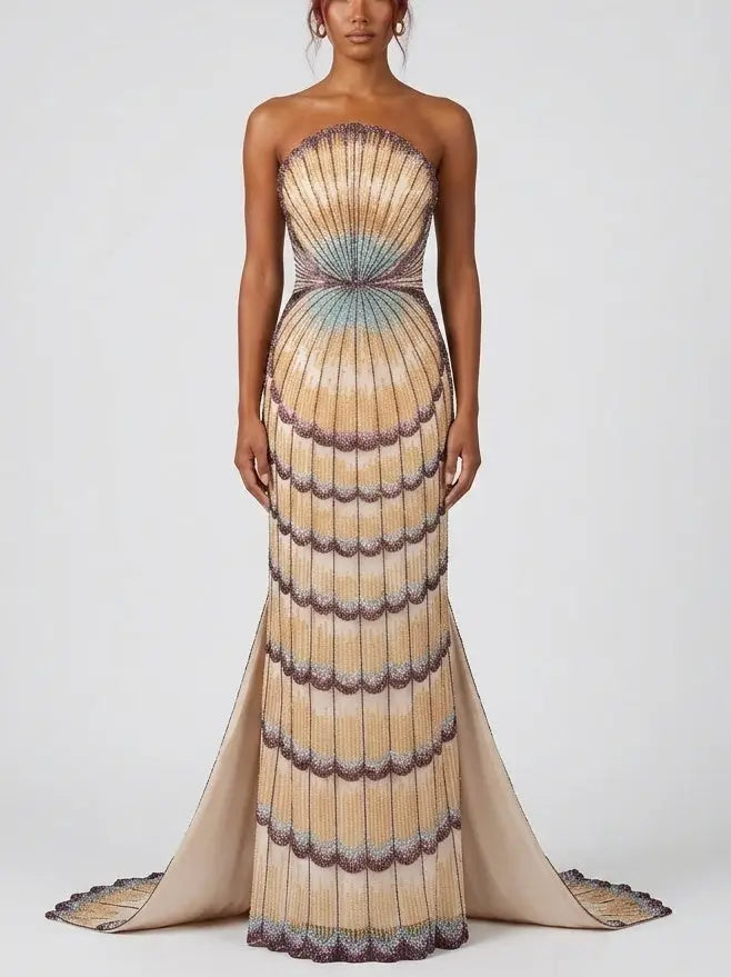Embellished Strapless Shell Gown with Train - Dresses