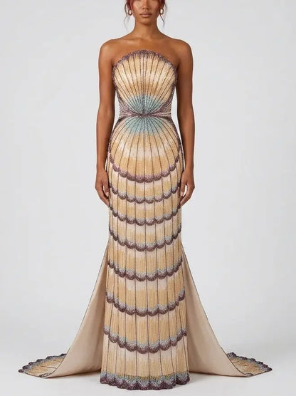 Embellished Strapless Shell Gown with Train - Dresses