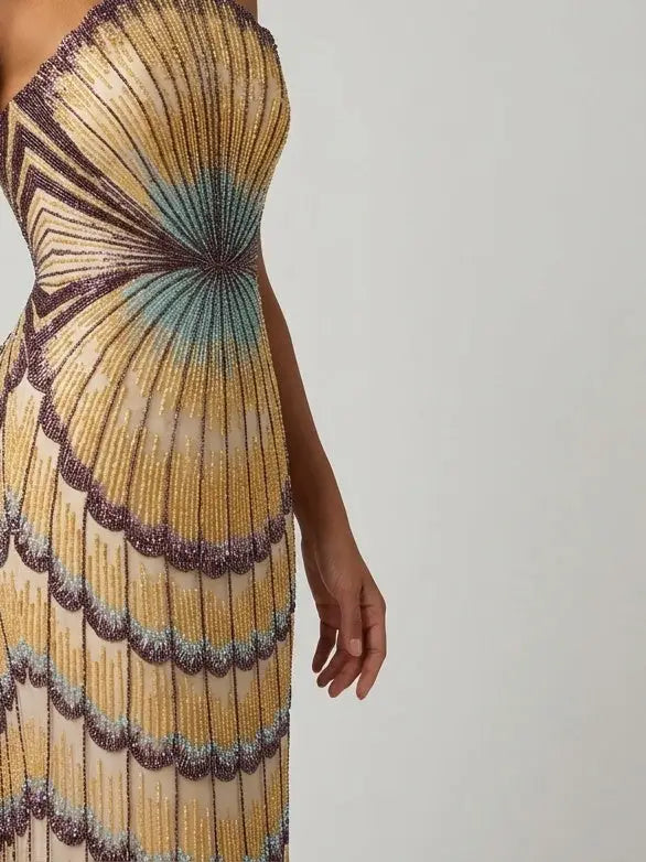 Embellished Strapless Shell Gown with Train - Dresses