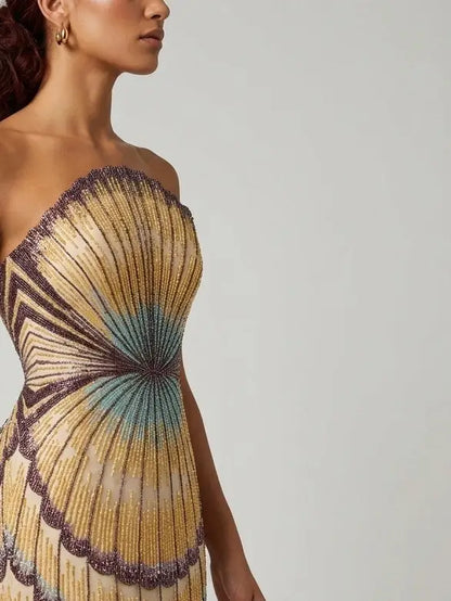 Embellished Strapless Shell Gown with Train - Dresses
