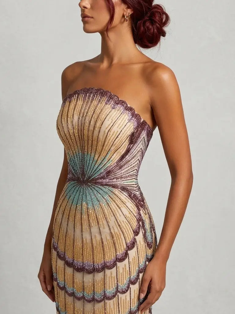 Embellished Strapless Shell Gown with Train - Dresses