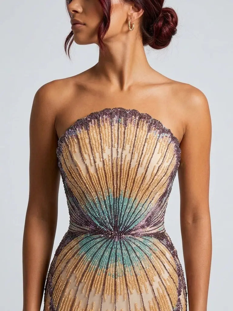 Embellished Strapless Shell Gown with Train - Dresses