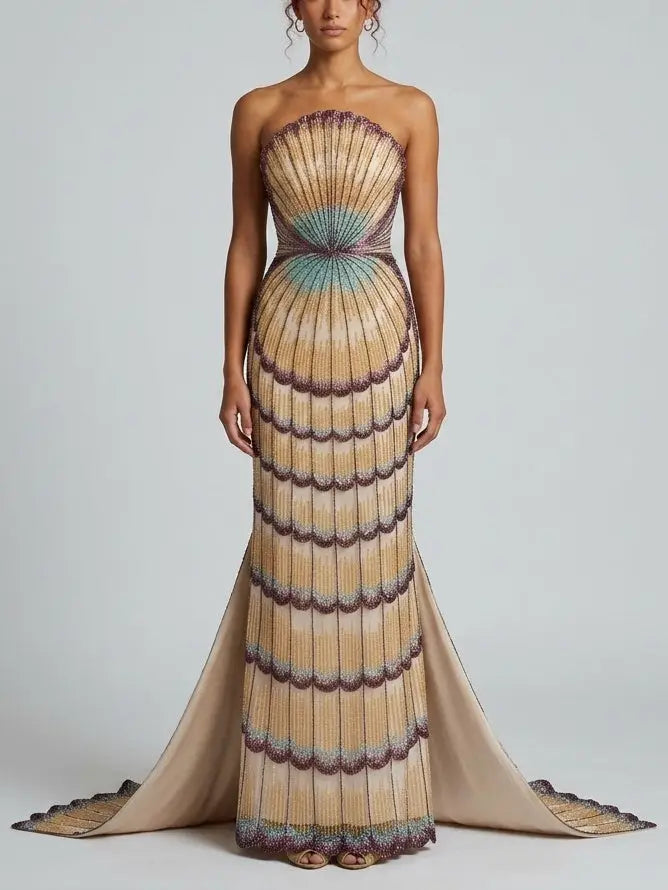 Embellished Strapless Shell Gown with Train - Dresses