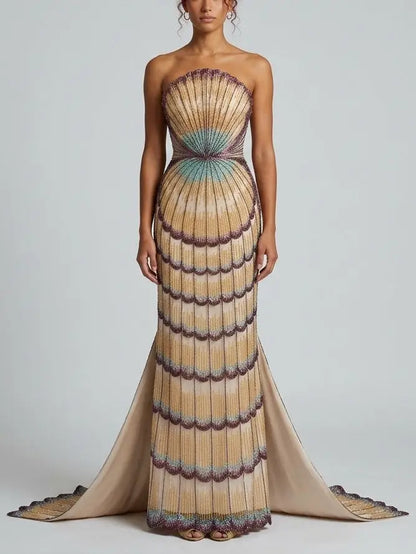 Embellished Strapless Shell Gown with Train - Dresses