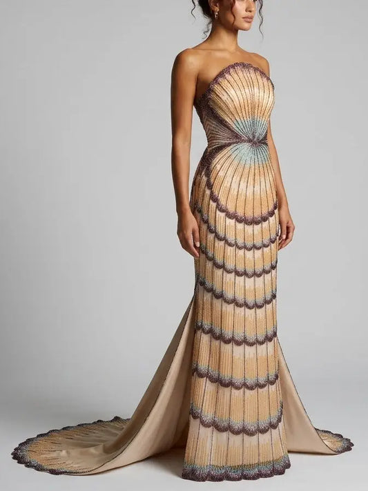 Embellished Strapless Shell Gown with Train - Dresses