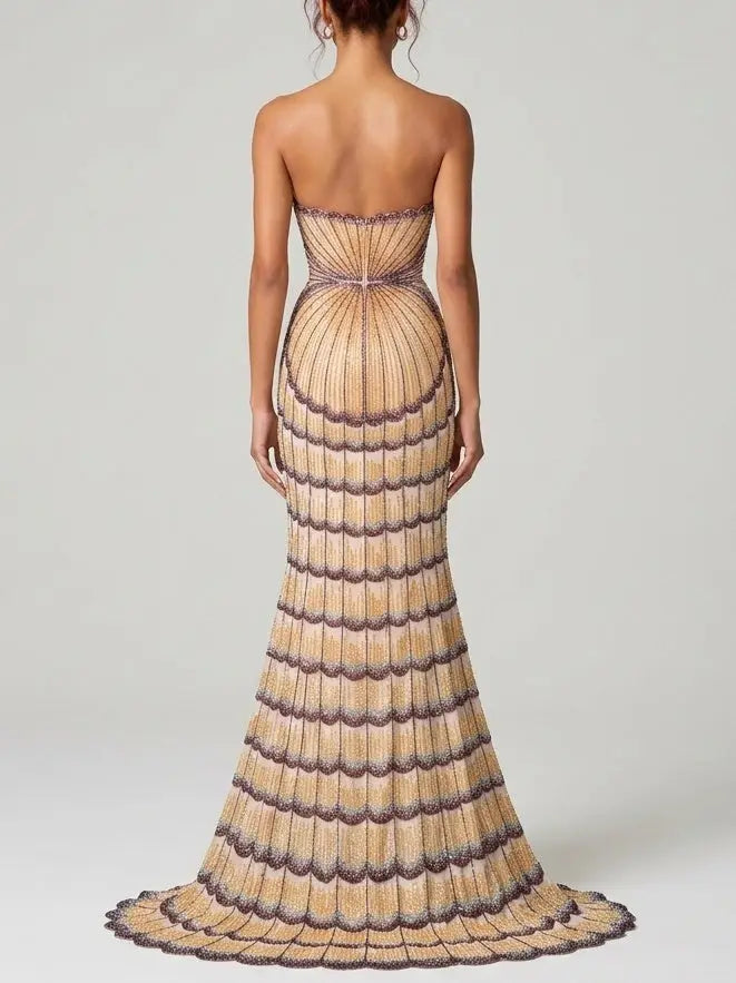 Embellished Strapless Shell Gown with Train - Dresses