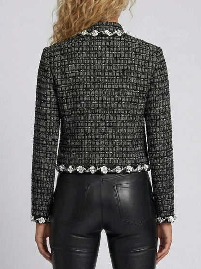 Embellished Tweed Check Jacket with Appliquéd Trim - Jackets