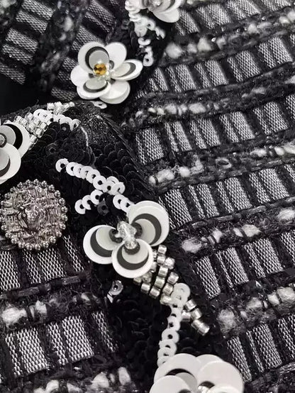 Embellished Tweed Check Jacket with Appliquéd Trim - Jackets