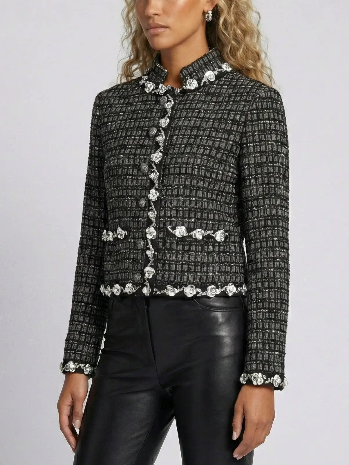 Embellished Tweed Check Jacket with Appliquéd Trim - Jackets
