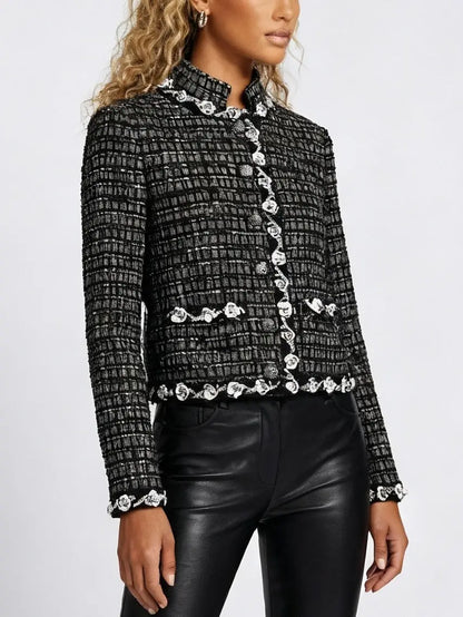 Embellished Tweed Check Jacket with Appliquéd Trim - Jackets