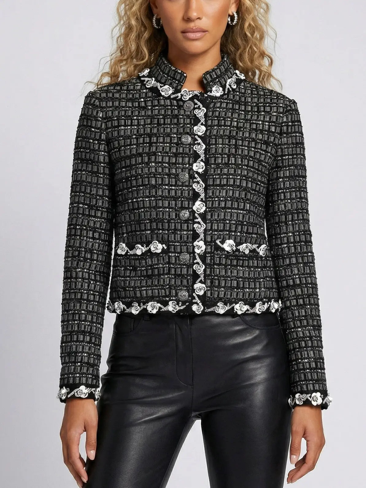 Embellished Tweed Check Jacket with Appliquéd Trim - Jackets