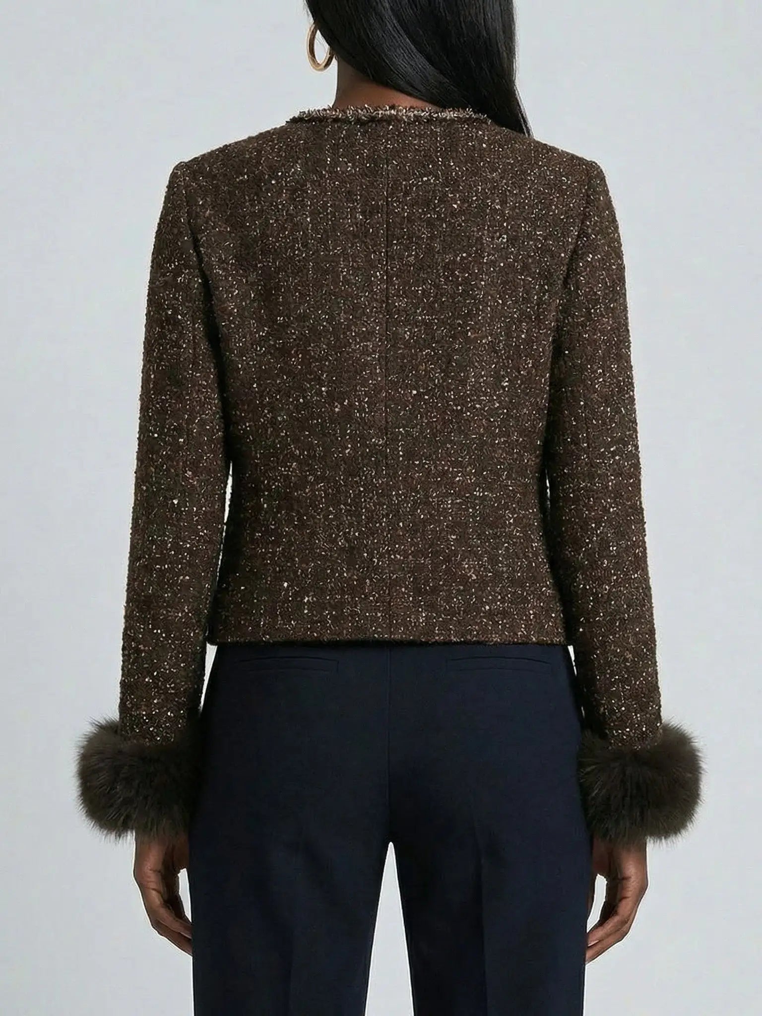 Embellished Tweed Jacket with Faux-Fur Cuffs - Jackets