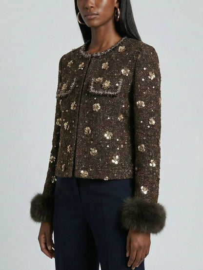 Embellished Tweed Jacket with Faux-Fur Cuffs - Jackets