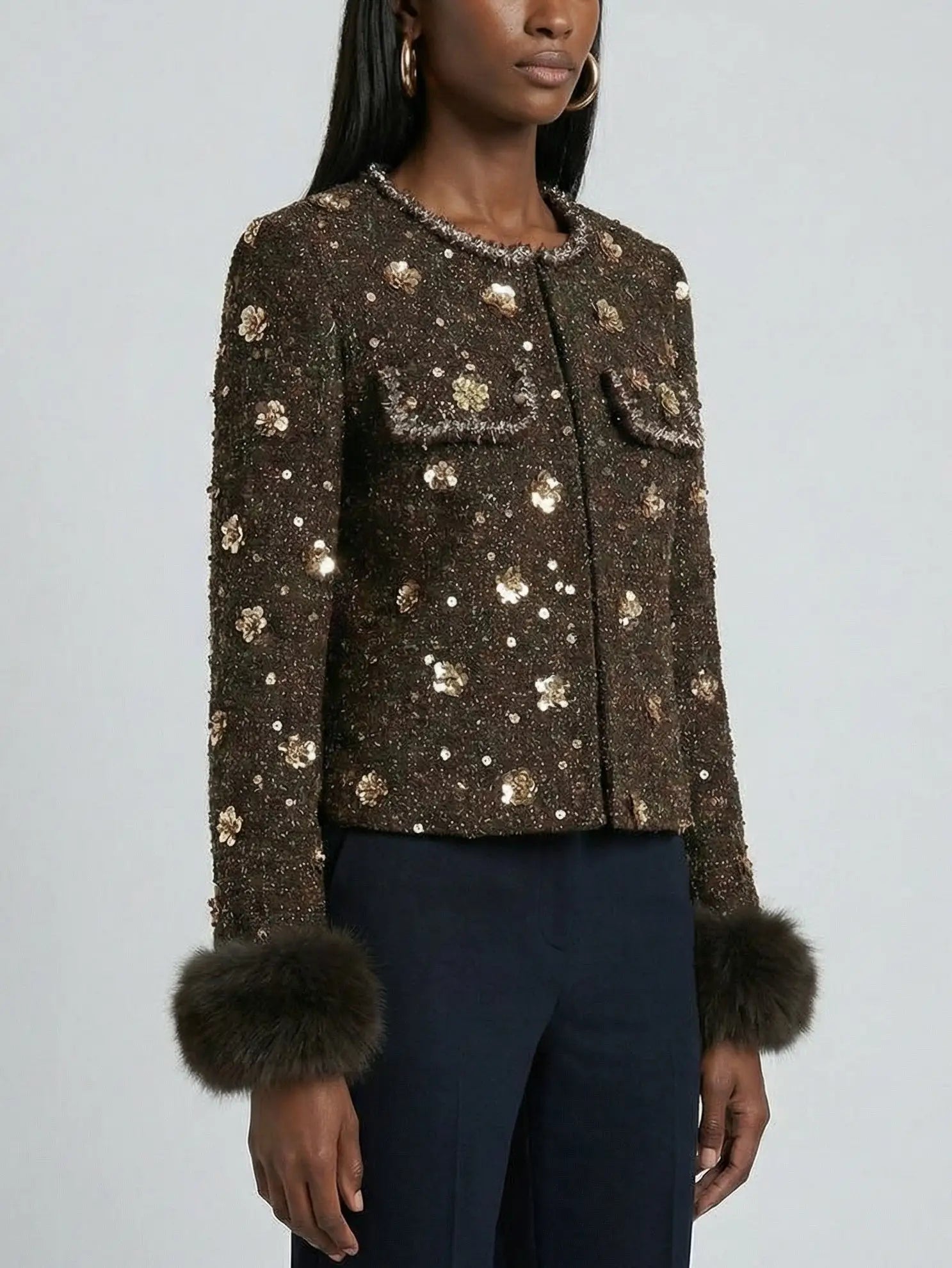 Embellished Tweed Jacket with Faux-Fur Cuffs - Jackets