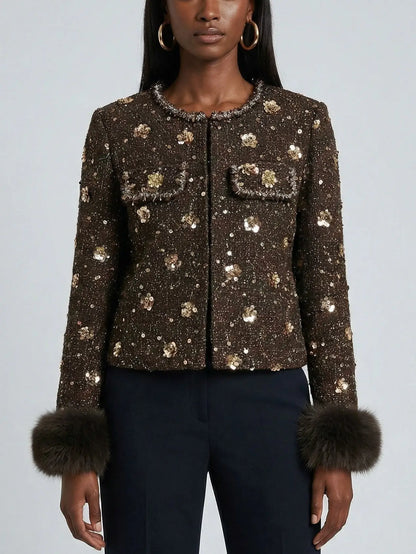 Embellished Tweed Jacket with Faux-Fur Cuffs - Small - Jackets