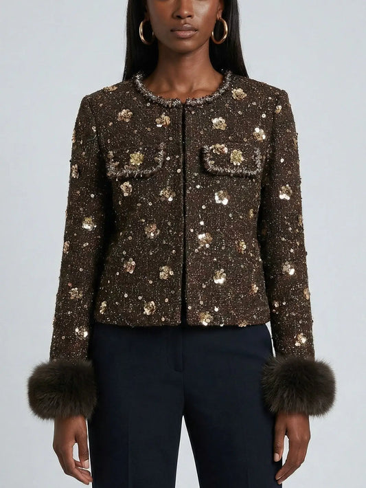 Embellished Tweed Jacket with Faux-Fur Cuffs - Small - Jackets