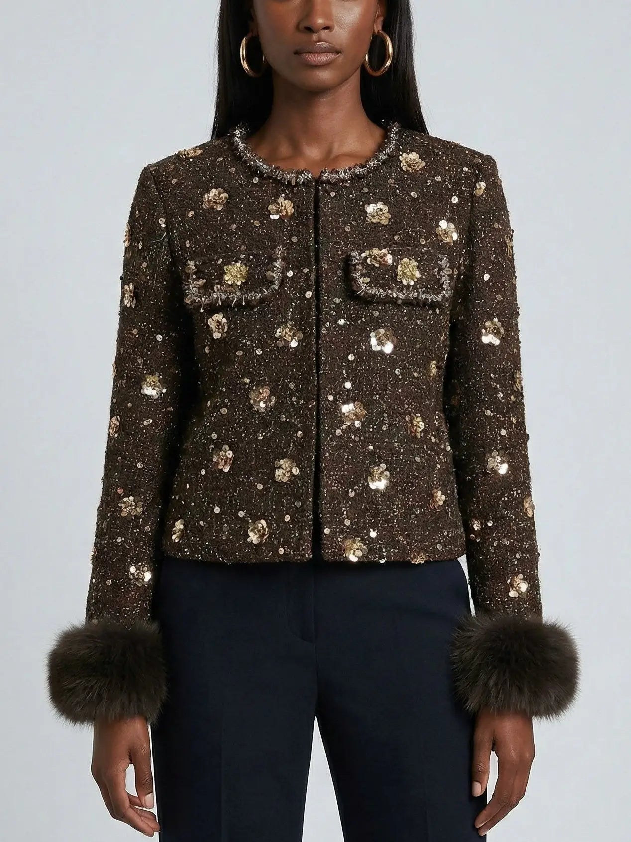 Embellished Tweed Jacket with Faux-Fur Cuffs - Jackets