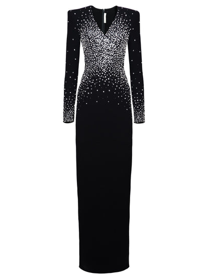 Embellished V-Neck Long Black Velour Gown