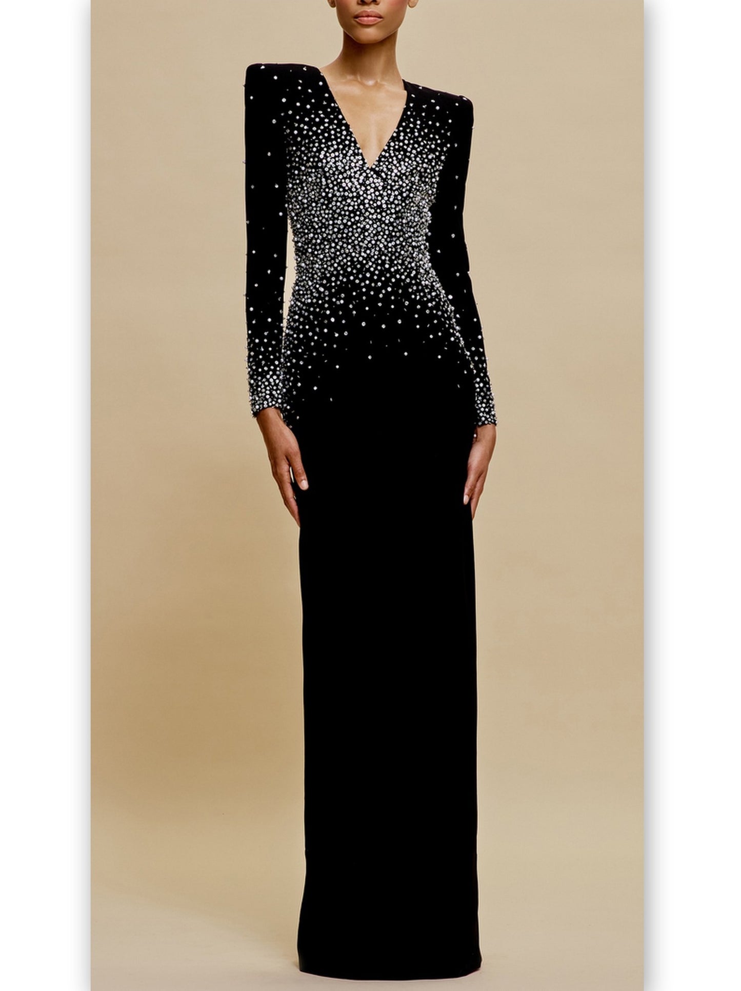 Embellished V-Neck Long Black Velour Gown