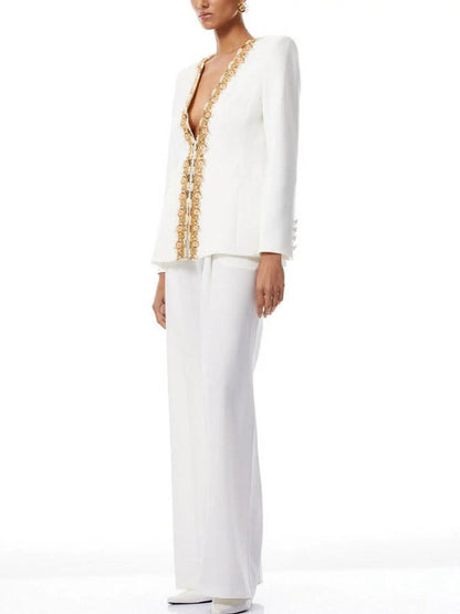 Embellished White Cotton-Blend Pantsuit - Suits & Sets
